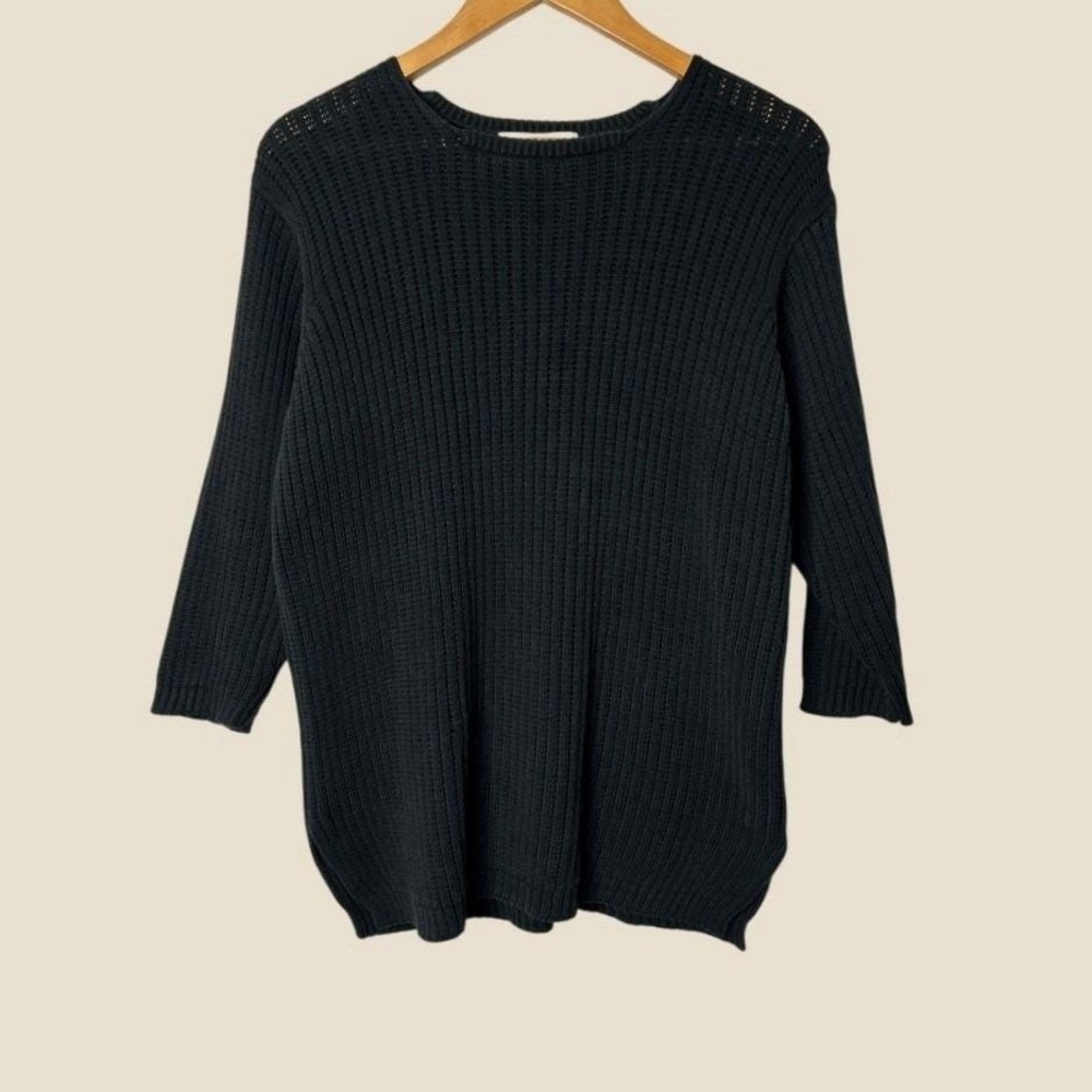 Vintage Kamali & Co 100% Cotton Ribbed Sweater M Black Relaxed 3/4 Sleeve 90s